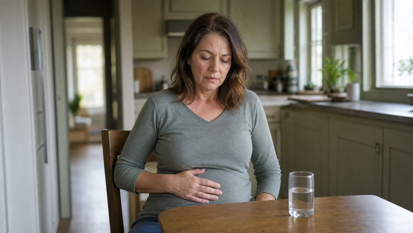A tired woman in her early 50s at her kitchen table in early-morning light, one hand on her stomach and a glass of water in front of her.