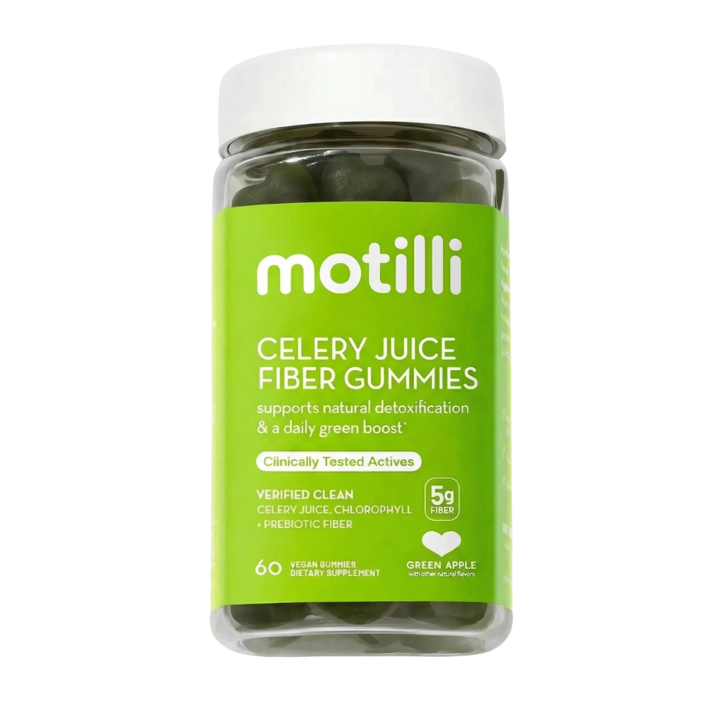 Motilli jar — clear glass jar with a bright green wraparound label and green gummies inside.