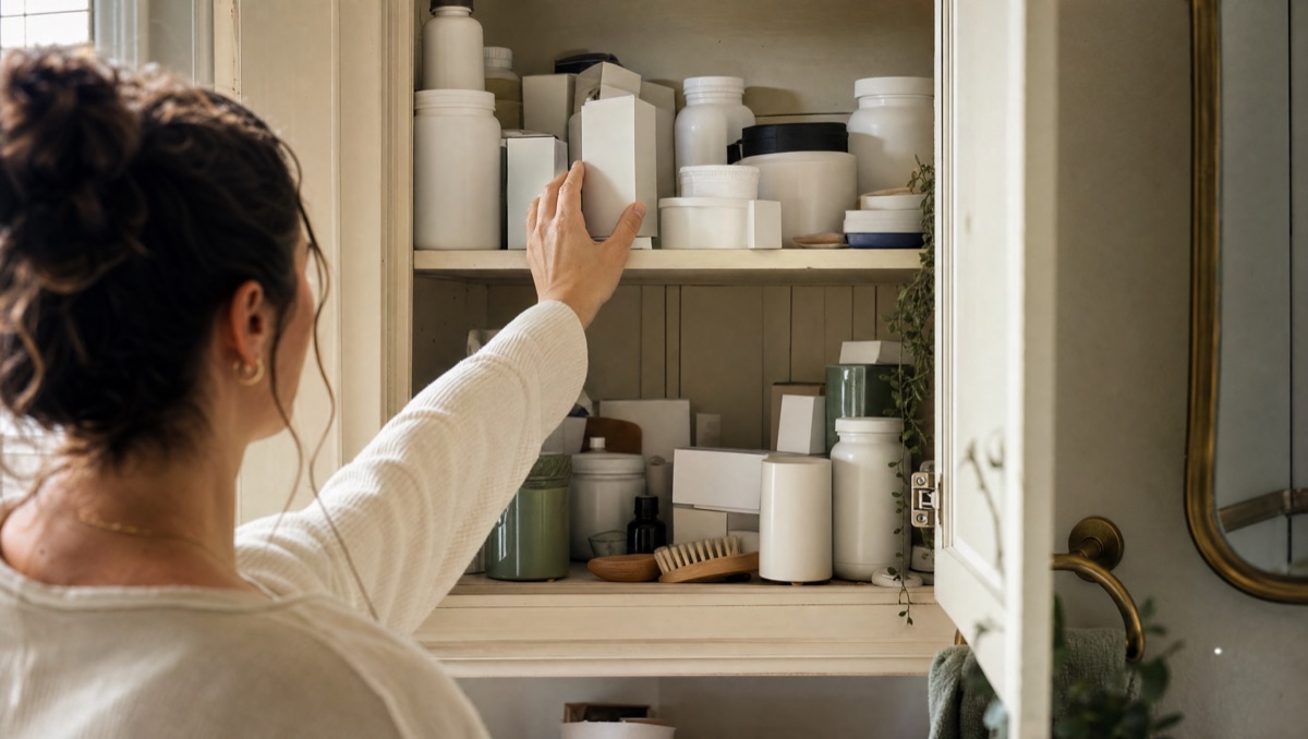 A bathroom cabinet crowded with generic laxative and fiber boxes.