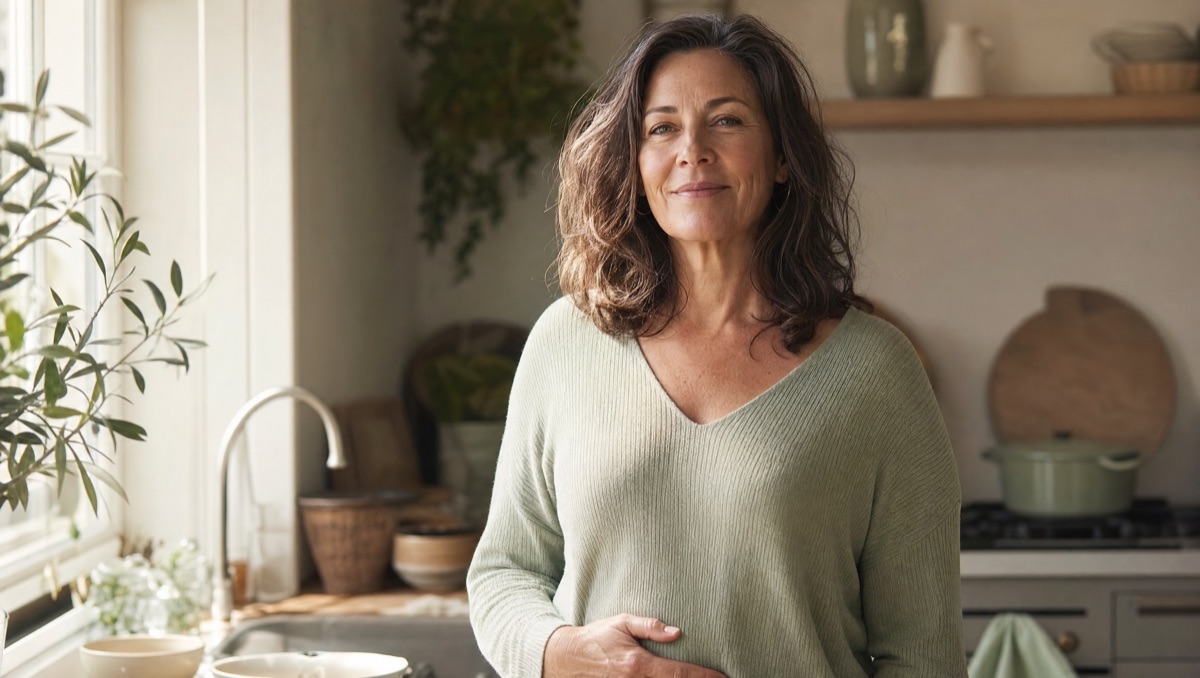 A calm, confident woman in her 50s by a sunlit kitchen window.