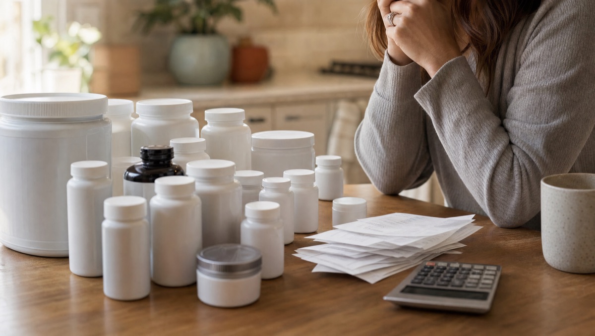 A table covered with unlabeled supplement bottles, receipts, and a calculator.