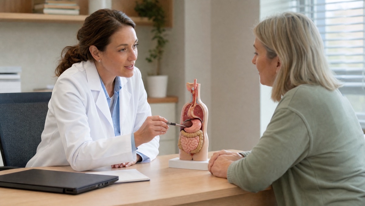 A gastroenterologist explaining the digestive system to a patient across a desk.