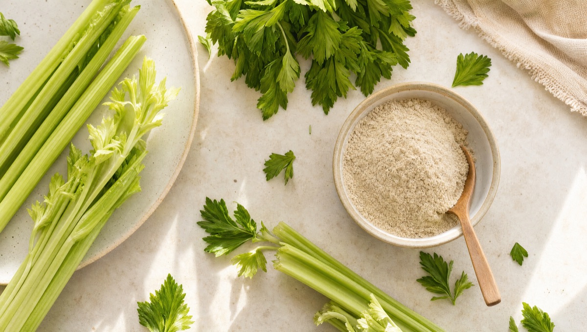 Fresh celery, green chlorophyll, and soluble fiber laid out on a pale surface.