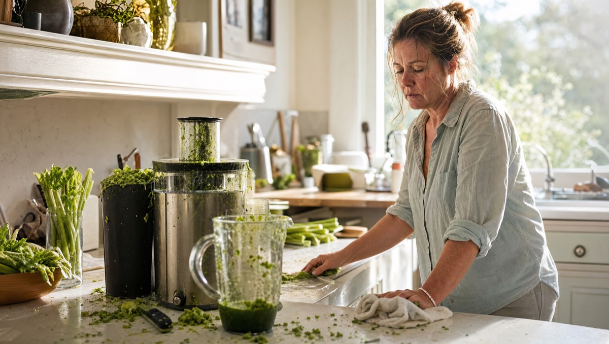 A messy kitchen counter with a juicer and celery, mid clean-up.