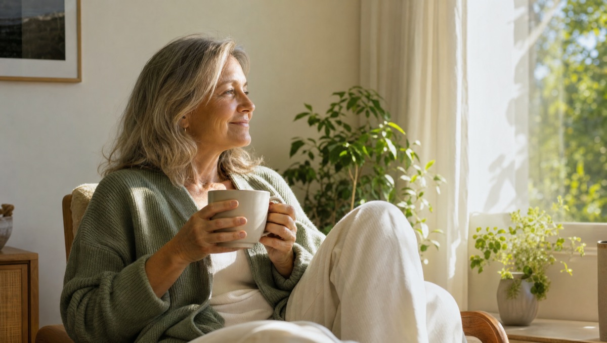 A content woman in her 50s enjoying a calm, unhurried morning with coffee in soft sunlight.