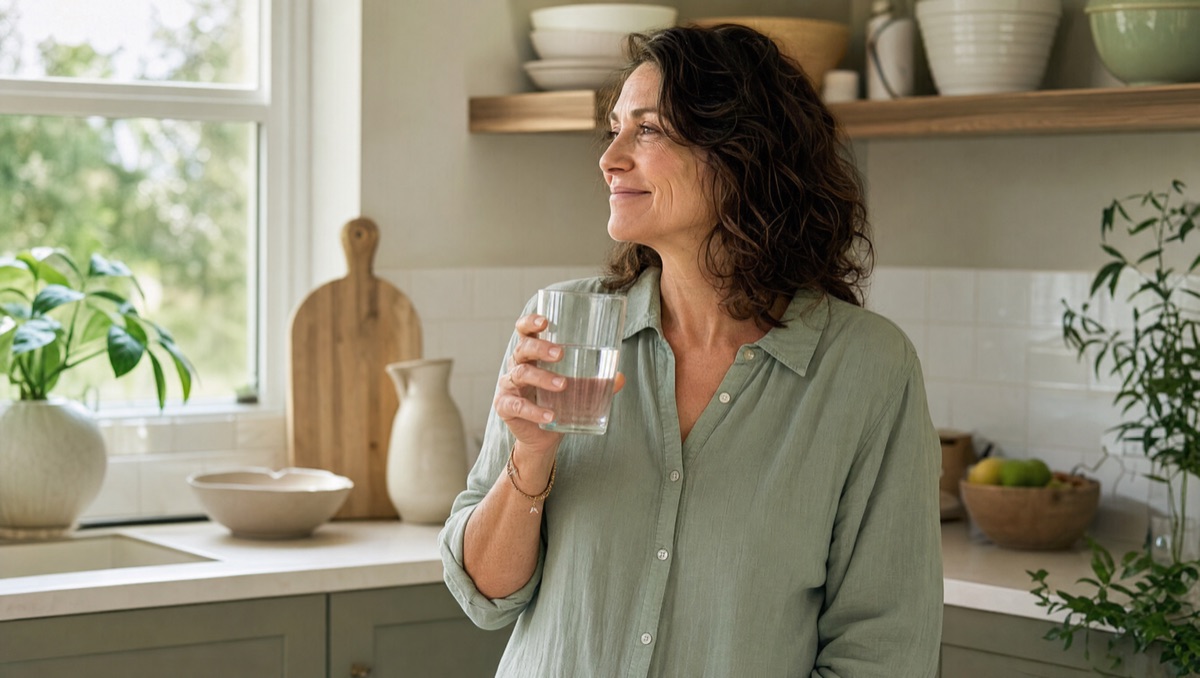 A woman in her early 50s looking calm and relieved in a bright morning kitchen.