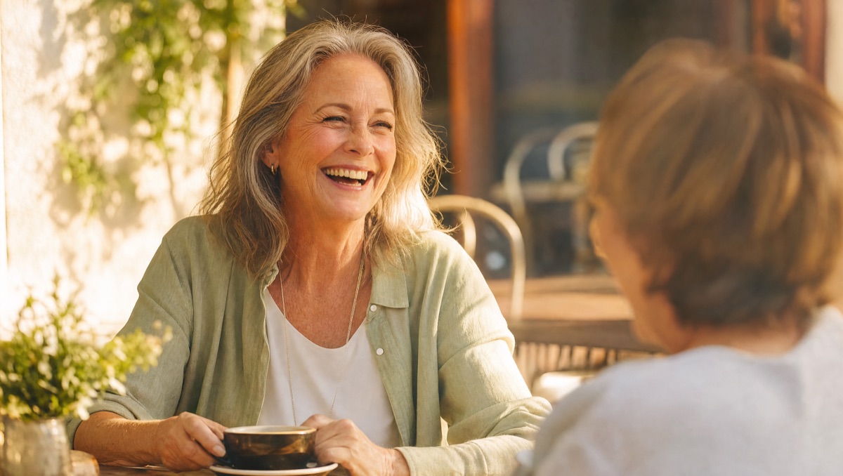 A relaxed woman laughing over coffee with a friend at a sunny cafe table.